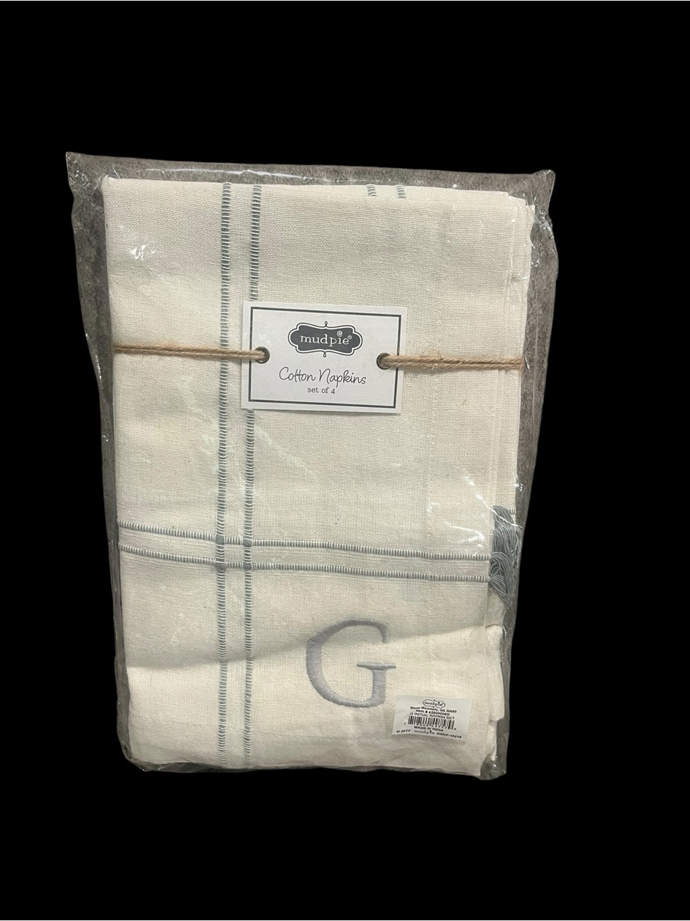 Mud Pie “G” Initial Cotton Napkins Set of 4 Off White & Gray NWT 20x20 Tassels